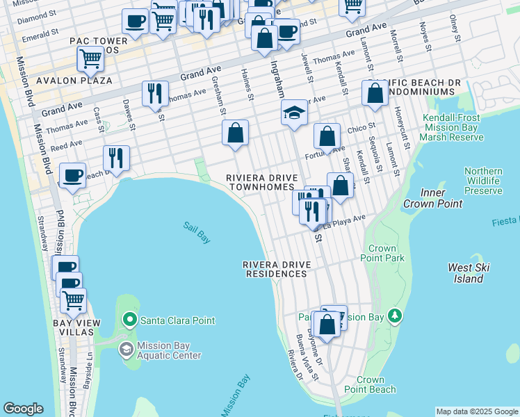 map of restaurants, bars, coffee shops, grocery stores, and more near 3916 Riviera Drive in San Diego