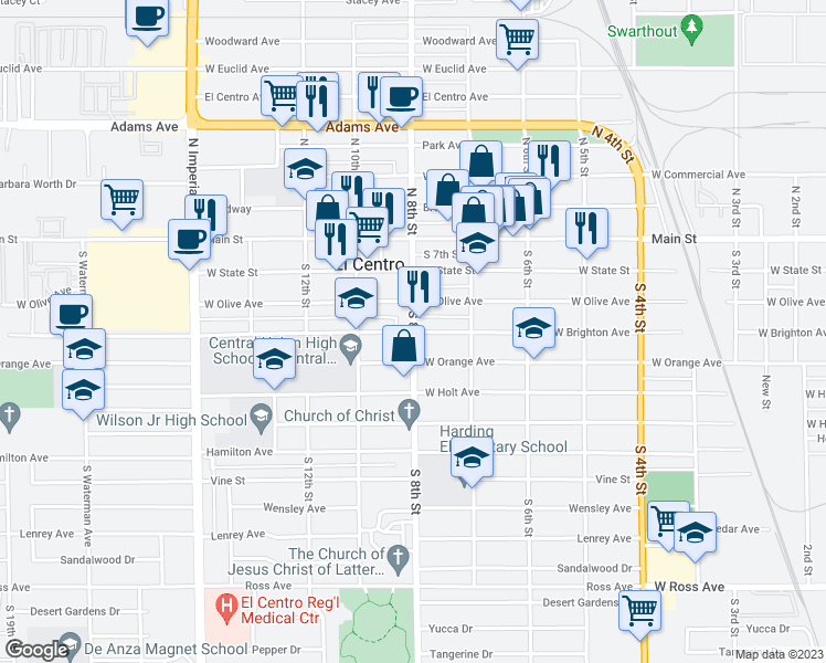 map of restaurants, bars, coffee shops, grocery stores, and more near South 8th Street & West Brighton Avenue in El Centro