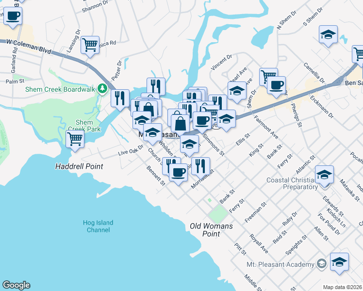 map of restaurants, bars, coffee shops, grocery stores, and more near 419 Hibben Street in Mount Pleasant