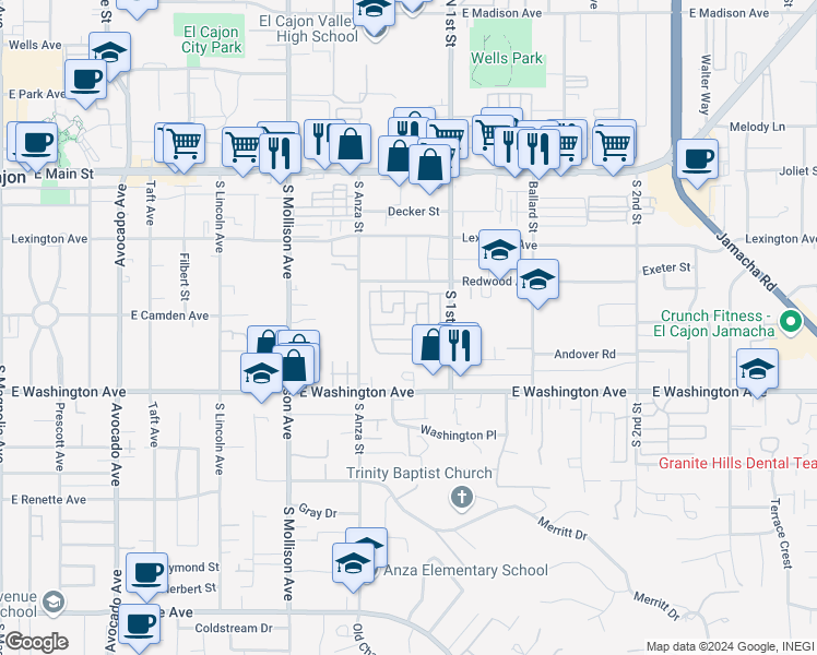 map of restaurants, bars, coffee shops, grocery stores, and more near 606 South 1st Street in El Cajon