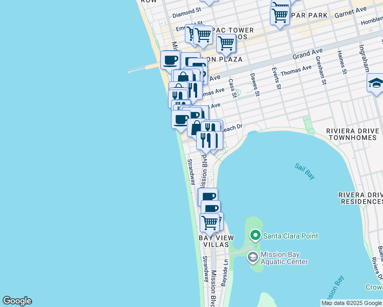 map of restaurants, bars, coffee shops, grocery stores, and more near 4001 Strandway in San Diego