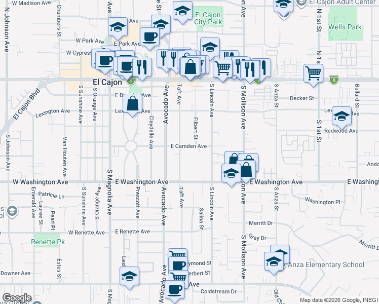 map of restaurants, bars, coffee shops, grocery stores, and more near 508 East Camden Avenue in El Cajon