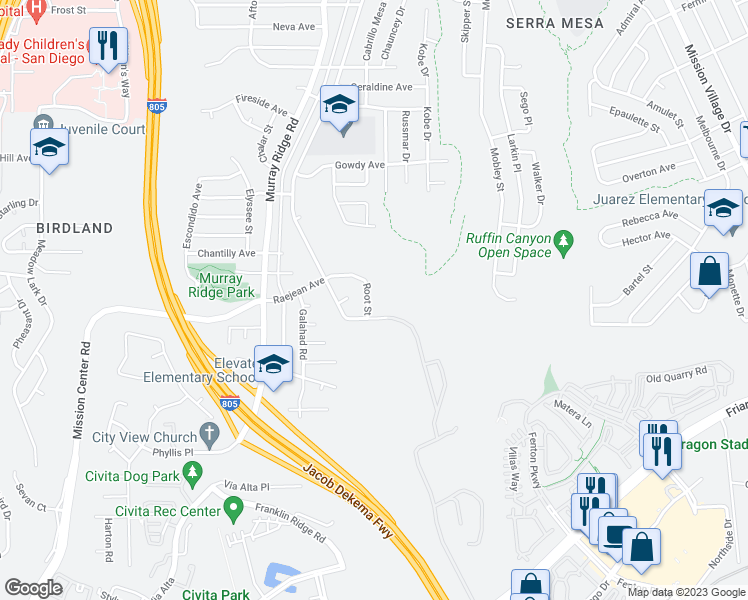 map of restaurants, bars, coffee shops, grocery stores, and more near 2431 Root Street in San Diego