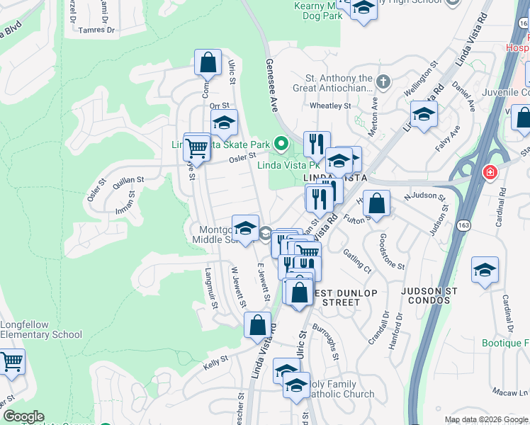 map of restaurants, bars, coffee shops, grocery stores, and more near 2562 Ulric Street in San Diego