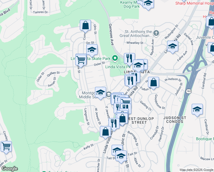 map of restaurants, bars, coffee shops, grocery stores, and more near 2562 Ulric Street in San Diego