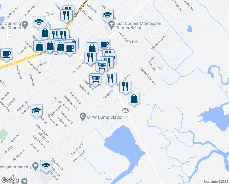 map of restaurants, bars, coffee shops, grocery stores, and more near 1511 Ben Sawyer Boulevard in Mount Pleasant