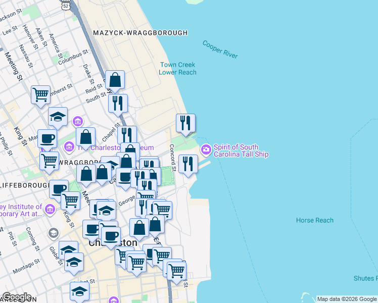 map of restaurants, bars, coffee shops, grocery stores, and more near 330 Concord Street in Charleston