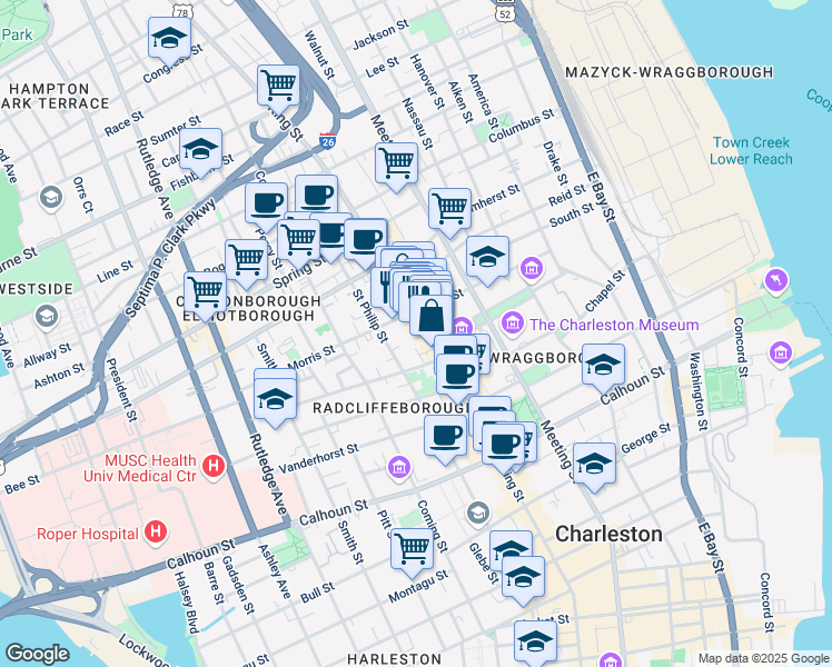 map of restaurants, bars, coffee shops, grocery stores, and more near 499 King Street in Charleston