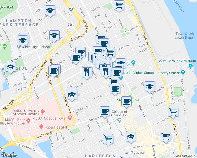 map of restaurants, bars, coffee shops, grocery stores, and more near 10 Morris Street in Charleston