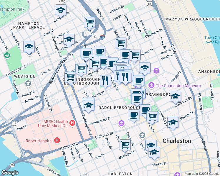 map of restaurants, bars, coffee shops, grocery stores, and more near 10 Morris Street in Charleston