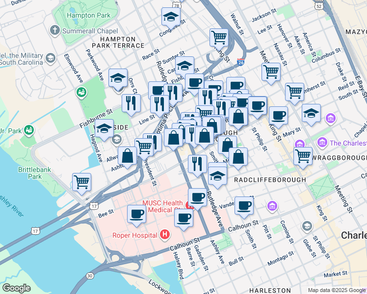 map of restaurants, bars, coffee shops, grocery stores, and more near in Charleston