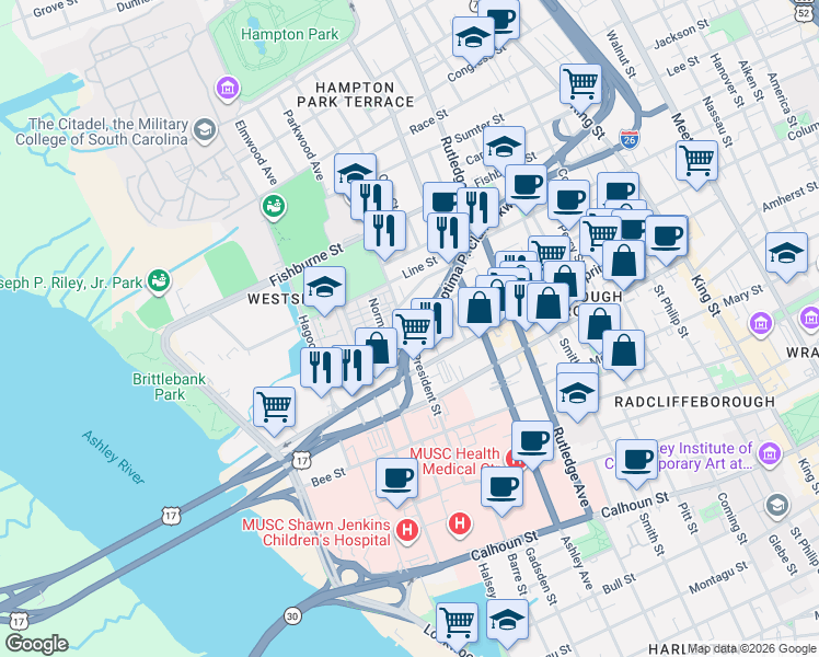 map of restaurants, bars, coffee shops, grocery stores, and more near 172 President Street in Charleston