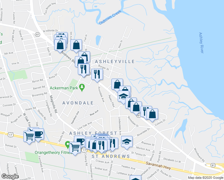map of restaurants, bars, coffee shops, grocery stores, and more near 4 Penn Avenue in Charleston