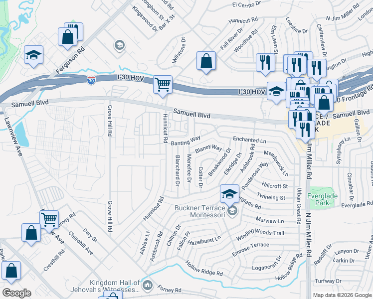map of restaurants, bars, coffee shops, grocery stores, and more near 5134 Blanchard Drive in Dallas