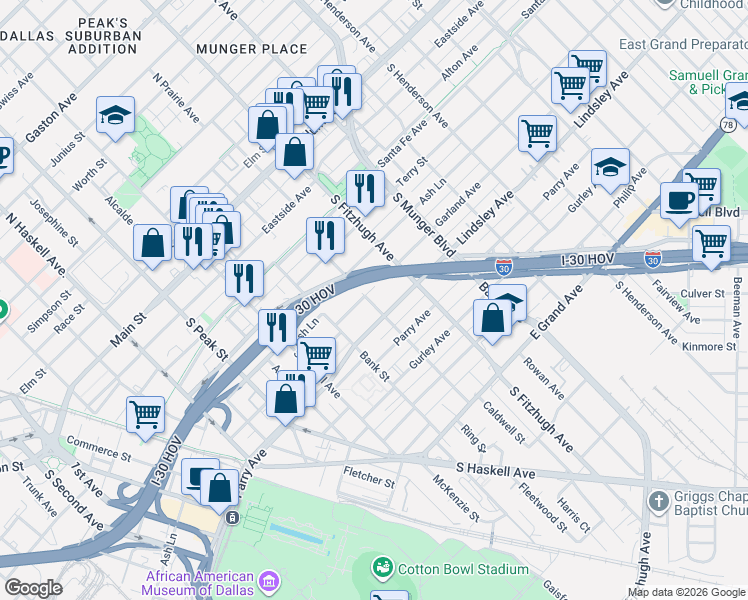 map of restaurants, bars, coffee shops, grocery stores, and more near 4717 Garland Avenue in Dallas