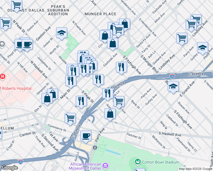 map of restaurants, bars, coffee shops, grocery stores, and more near 4509 Birch Street in Dallas