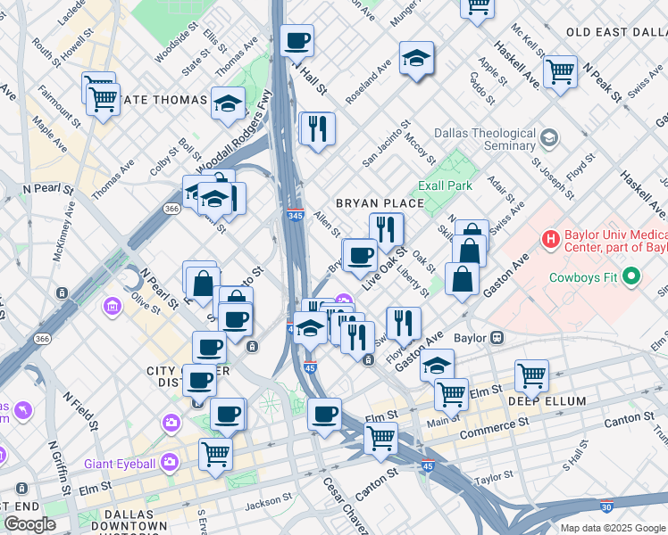 map of restaurants, bars, coffee shops, grocery stores, and more near 2727 Bryan Street in Dallas