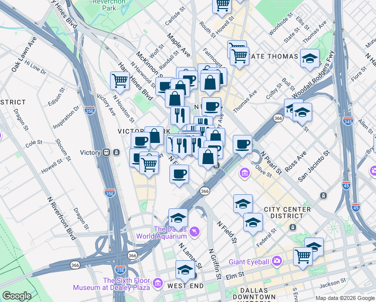 map of restaurants, bars, coffee shops, grocery stores, and more near 2012 Harry Hines Boulevard in Dallas