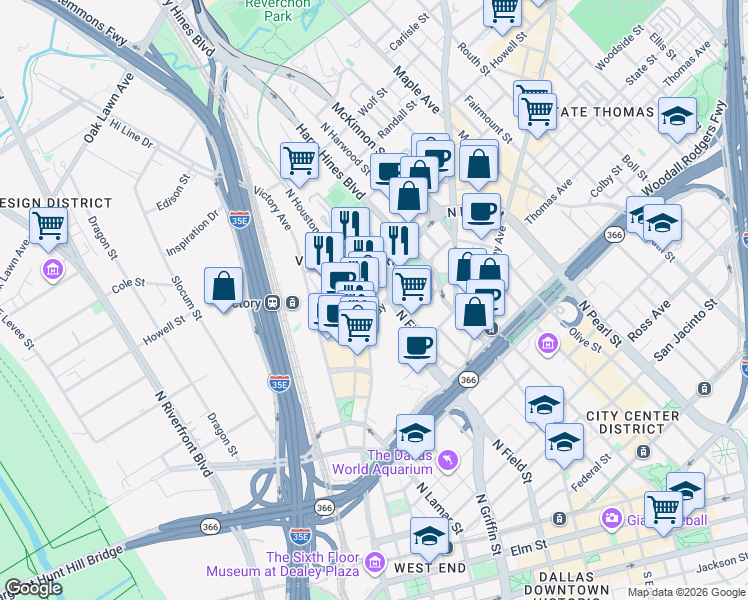 map of restaurants, bars, coffee shops, grocery stores, and more near 2500 North Houston Street in Dallas