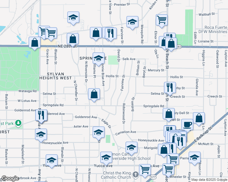 map of restaurants, bars, coffee shops, grocery stores, and more near 2108 David Drive in Fort Worth