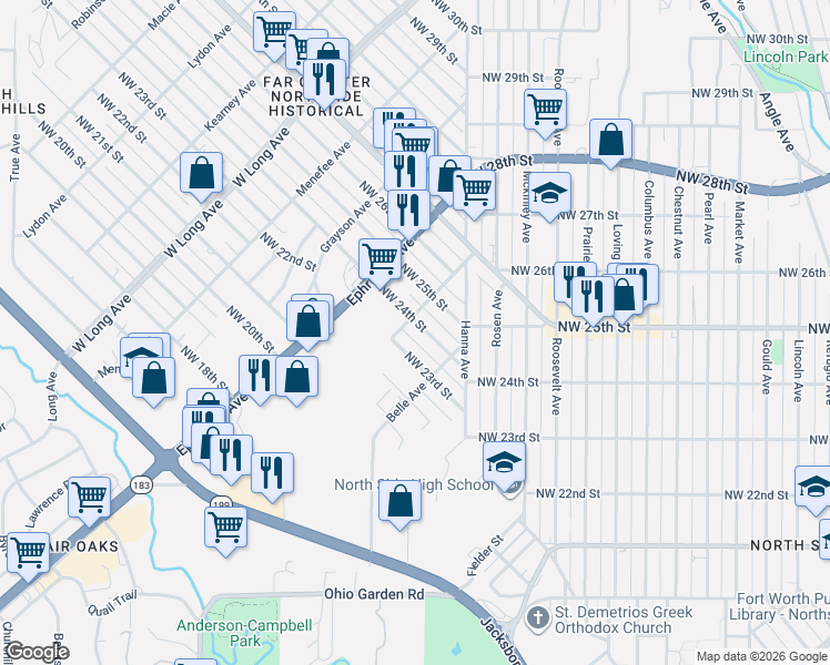 map of restaurants, bars, coffee shops, grocery stores, and more near 2225 Northwest 24th Street in Fort Worth