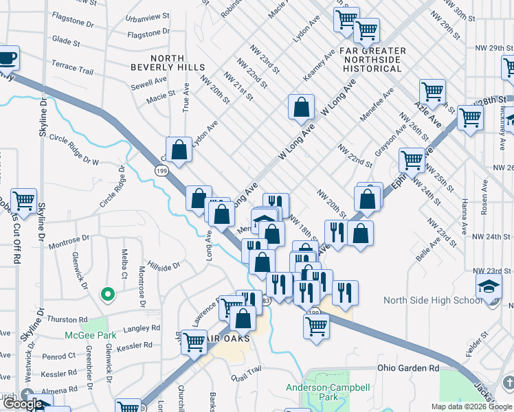 map of restaurants, bars, coffee shops, grocery stores, and more near 2608 Northwest 17th Street in Fort Worth