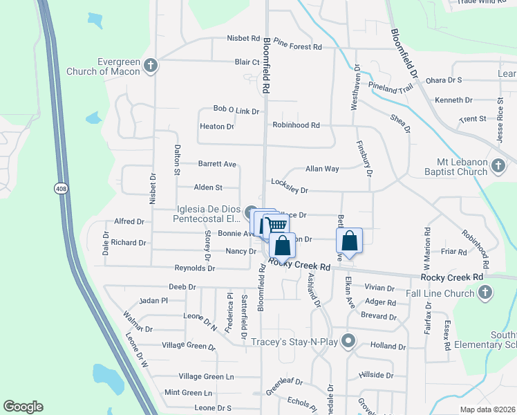 map of restaurants, bars, coffee shops, grocery stores, and more near 5470-5476 Bloomfield Road in Macon