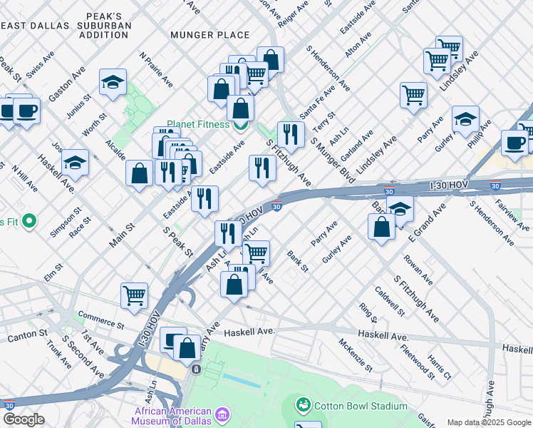 map of restaurants, bars, coffee shops, grocery stores, and more near 4610 East R L Thornton Freeway in Dallas