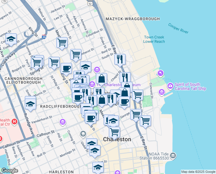 map of restaurants, bars, coffee shops, grocery stores, and more near 51 Chapel Street in Charleston