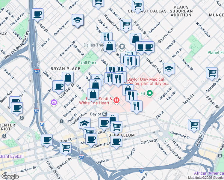 map of restaurants, bars, coffee shops, grocery stores, and more near 3312 Gaston Avenue in Dallas