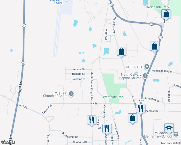 map of restaurants, bars, coffee shops, grocery stores, and more near 400-438 Austin Street in Philadelphia