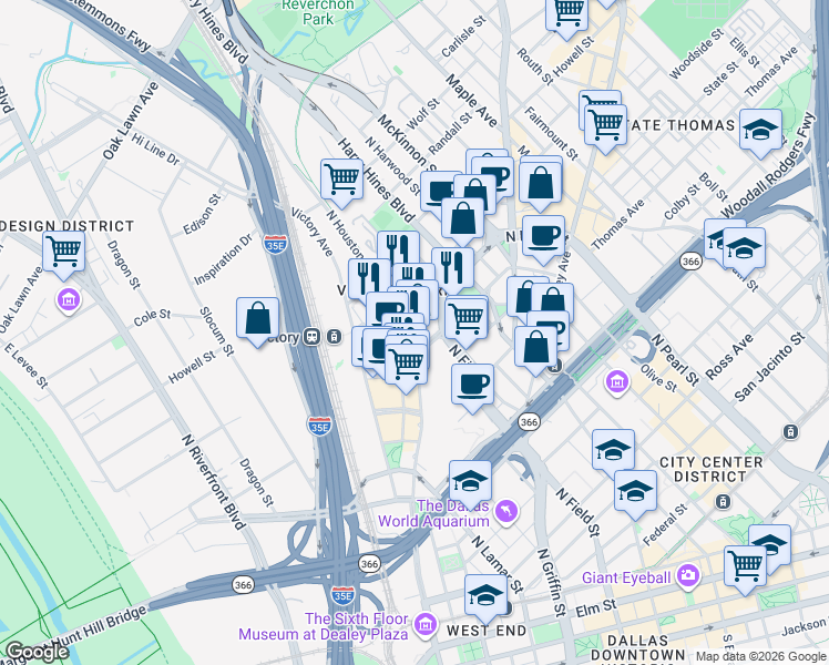 map of restaurants, bars, coffee shops, grocery stores, and more near 2504 North Houston Street in Dallas