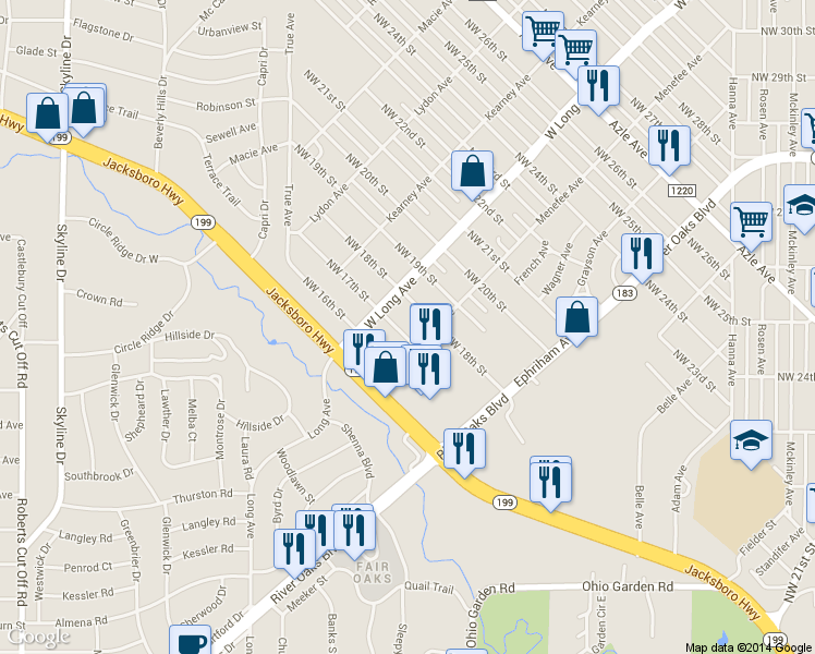map of restaurants, bars, coffee shops, grocery stores, and more near 2608 Northwest 17th Street in Fort Worth