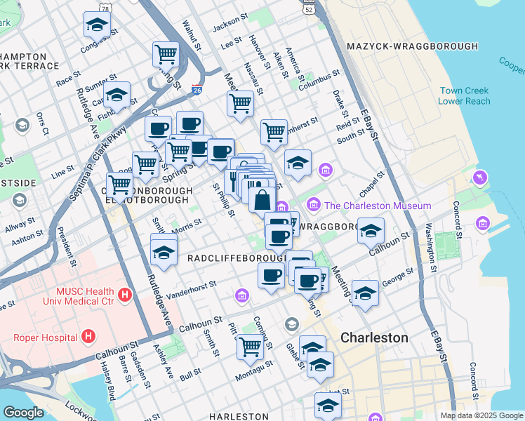 map of restaurants, bars, coffee shops, grocery stores, and more near 468 King Street in Charleston