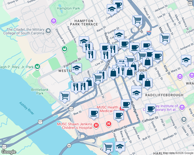 map of restaurants, bars, coffee shops, grocery stores, and more near 172 President Street in Charleston