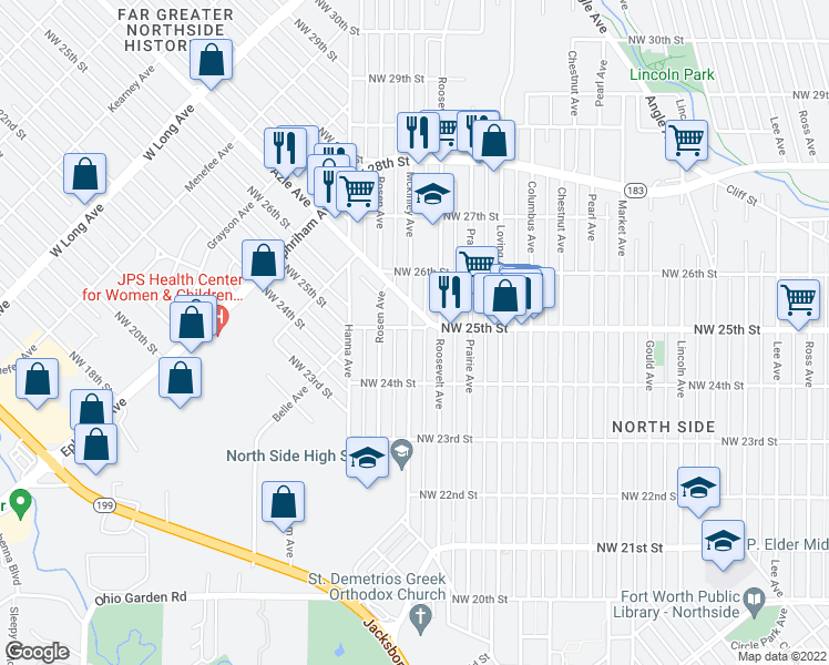 map of restaurants, bars, coffee shops, grocery stores, and more near 2424 Mckinley Avenue in Fort Worth