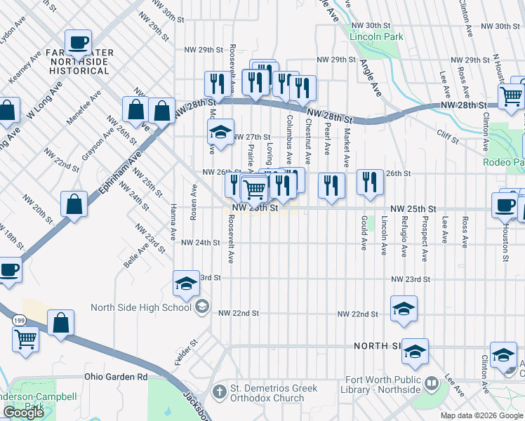map of restaurants, bars, coffee shops, grocery stores, and more near 1507 Northwest 25th Street in Fort Worth