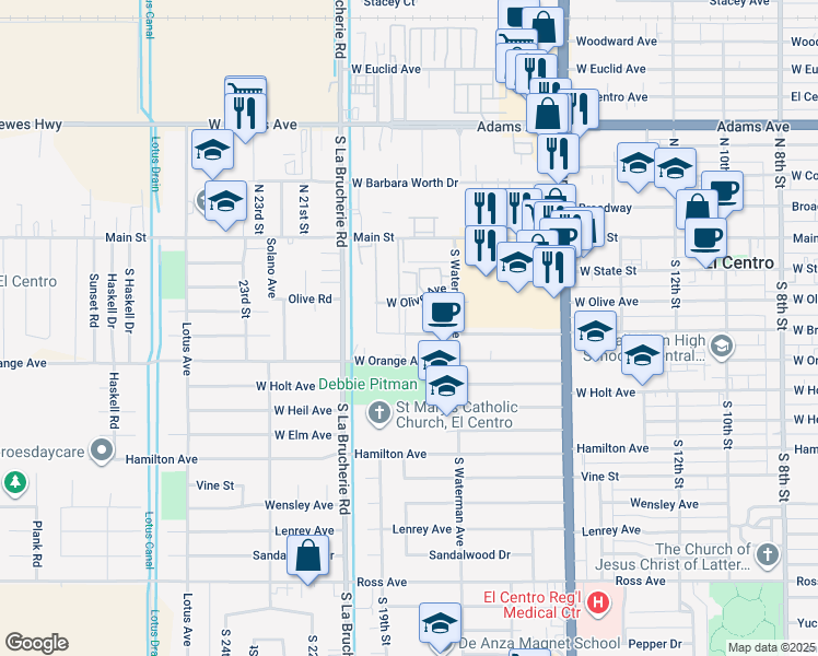map of restaurants, bars, coffee shops, grocery stores, and more near 1744 West Brighton Avenue in El Centro