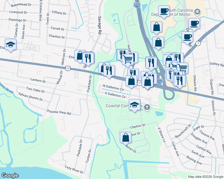 map of restaurants, bars, coffee shops, grocery stores, and more near 2229 North Dallerton Circle in Charleston
