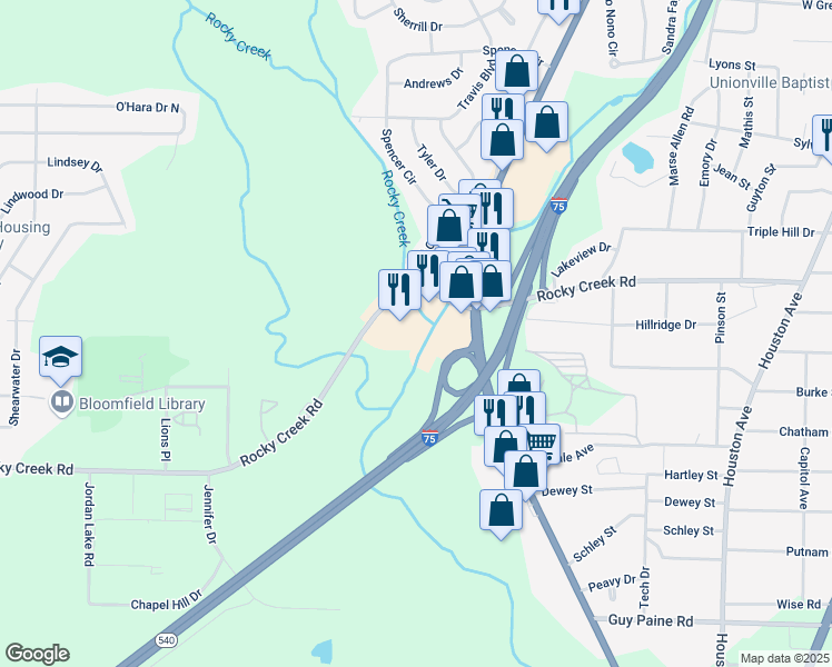 map of restaurants, bars, coffee shops, grocery stores, and more near 1530 Rocky Creek Road in Macon