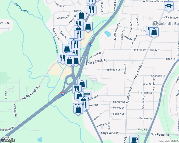 map of restaurants, bars, coffee shops, grocery stores, and more near 1344 Hillridge Drive in Macon