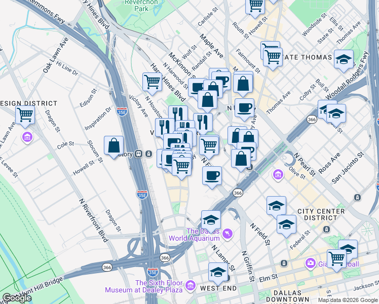 map of restaurants, bars, coffee shops, grocery stores, and more near 2500 North Houston Street in Dallas