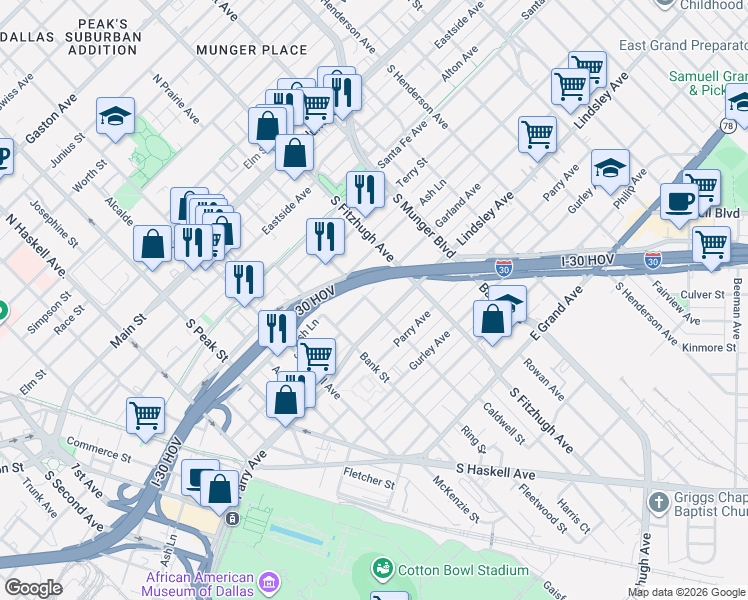 map of restaurants, bars, coffee shops, grocery stores, and more near 4717 Garland Avenue in Dallas