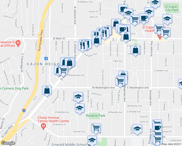 map of restaurants, bars, coffee shops, grocery stores, and more near 535 Emerald Avenue in El Cajon