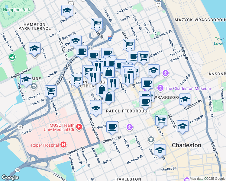 map of restaurants, bars, coffee shops, grocery stores, and more near 190 Coming Street in Charleston