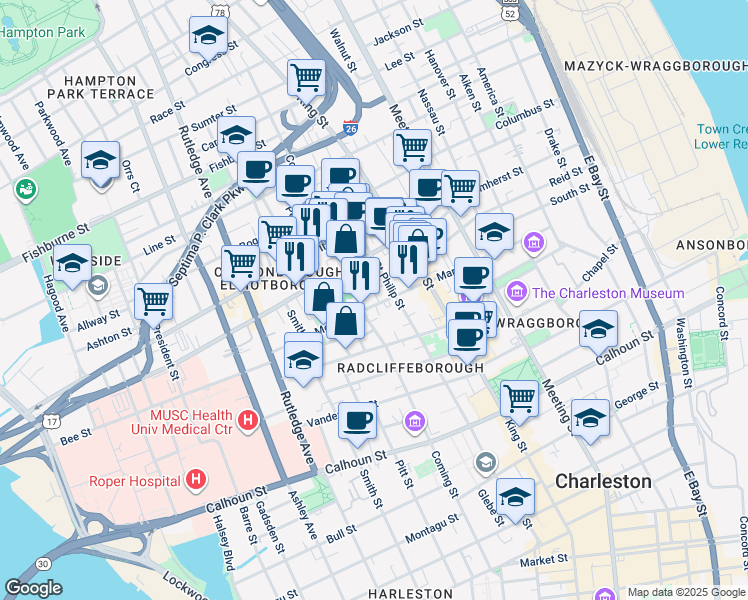 map of restaurants, bars, coffee shops, grocery stores, and more near 30 Morris Street in Charleston