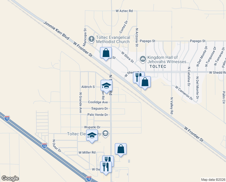 map of restaurants, bars, coffee shops, grocery stores, and more near 3805 North Toltec Road in Eloy