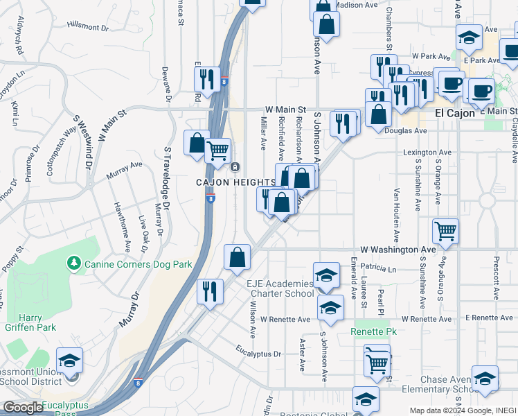 map of restaurants, bars, coffee shops, grocery stores, and more near 578 Millar Avenue in El Cajon