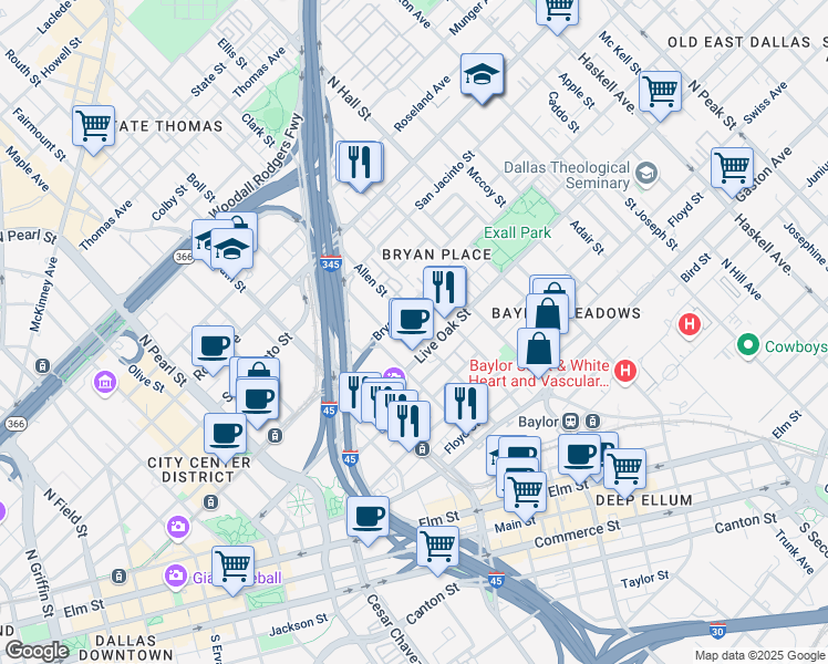 map of restaurants, bars, coffee shops, grocery stores, and more near 7 Texas Street in Dallas
