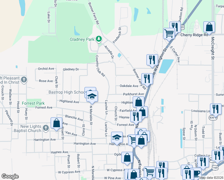 map of restaurants, bars, coffee shops, grocery stores, and more near 300-328 Oakdale Ave in Bastrop